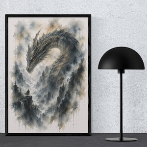 May include: A framed watercolor-style wall art print featuring a large, dark, scaled dragon looming over a mountainous landscape with a small figure standing on a cliff edge. The artwork uses a muted palette of grays, blacks, and soft beige tones.