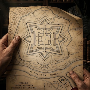 May include: An aged, detailed map depicting a star-shaped fortress, held by hands. The map, titled "Castrum Silvae Nigrae," features Latin text, compass rose, and a scale. The map is tan with black ink, and a red wax seal is visible.