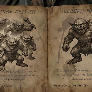 May include: An open book with illustrations of fantasy creatures. One page shows a group of goblins, while the other features a single, larger goblin. Text includes "TEIHIIHAN FOLIO XIII" and "TEIHIIHAN FOLIO XIV". The book is aged with a parchment-like appearance.