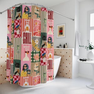 May include: A colorful shower curtain with a patchwork design. The curtain features illustrations of cats, ducks, and frogs wearing sunglasses, along with the text "WHAT THE CHILL". The design includes stripes, checks, and floral patterns in pink, green, and red.