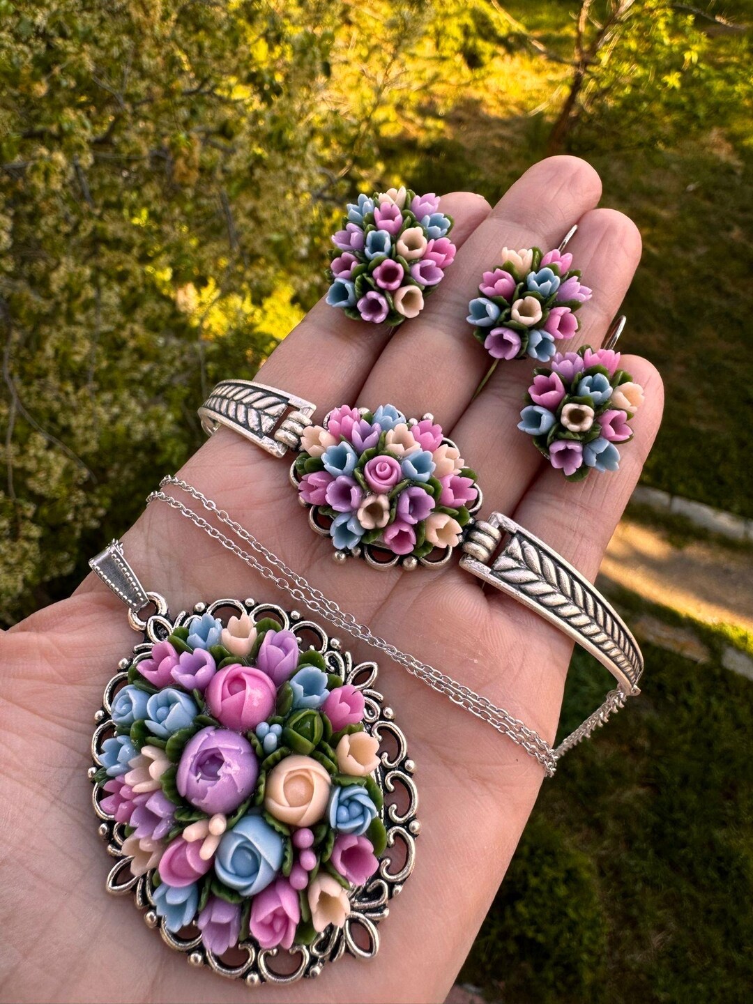 Cold Porcelain Floral Jewelry Set, Stainless Steel Necklace, Earrings ...