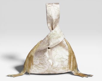 Embroidered Japanese Knot Bag – Gold Tassels, Boho Evening Clutch