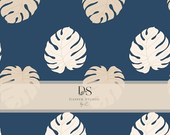 Seamless Monstera Leaf Pattern, Navy Cream Botanical Fabric Design (Digital Download)