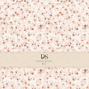 May include: A seamless digital pattern featuring a cream-colored background with scattered terracotta and rust-colored paint splatters. A horizontal beige band across the center displays the black text Dapper Studio by L with a small leaf icon.
