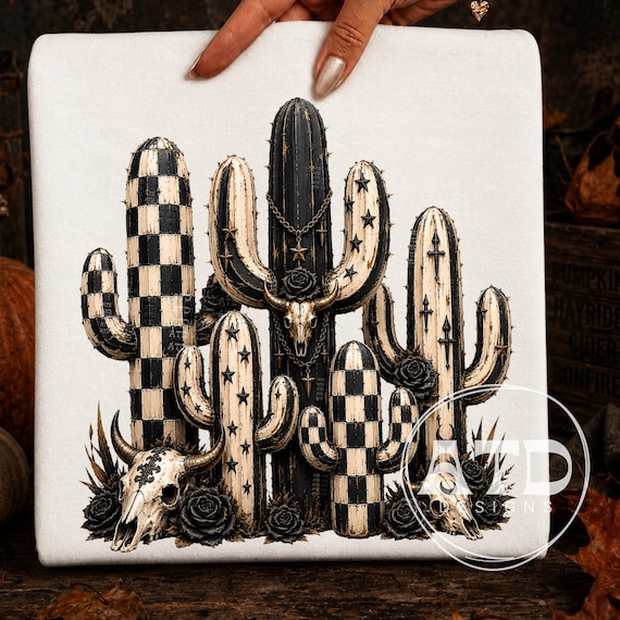 Punk Western goth carcus, Cactus PNG, Checkered Desert Skull Design (Digital Download)