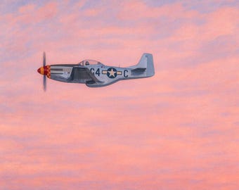 P51 Mustang Sunset Canvas Print, WWII Fighter Plane Wall Art, Aviation Decor, Military Aircraft Painting, Pilot Gift Artwork