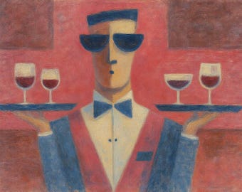 Cool Waiter Canvas Print, Wine Tray Wall Art, Retro Restaurant Decor, Bar Art