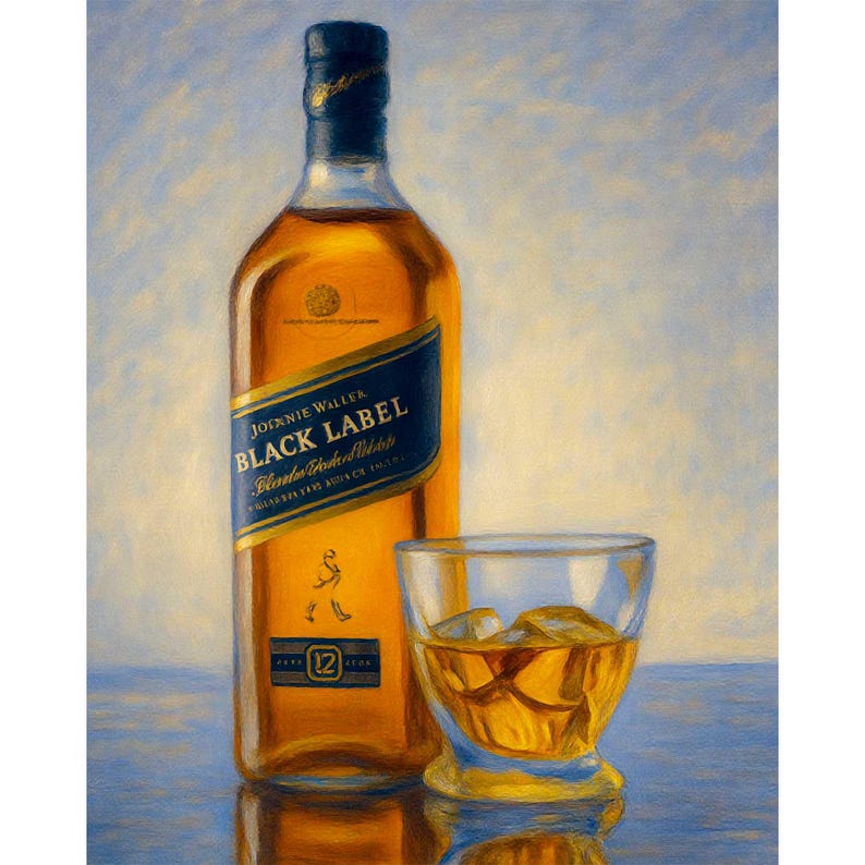 May include: A bottle of Johnnie Walker Black Label whiskey with a glass of whiskey and ice. The bottle has a black and gold label with the words "Black Label" prominently displayed. The glass is filled with amber liquid and ice cubes.