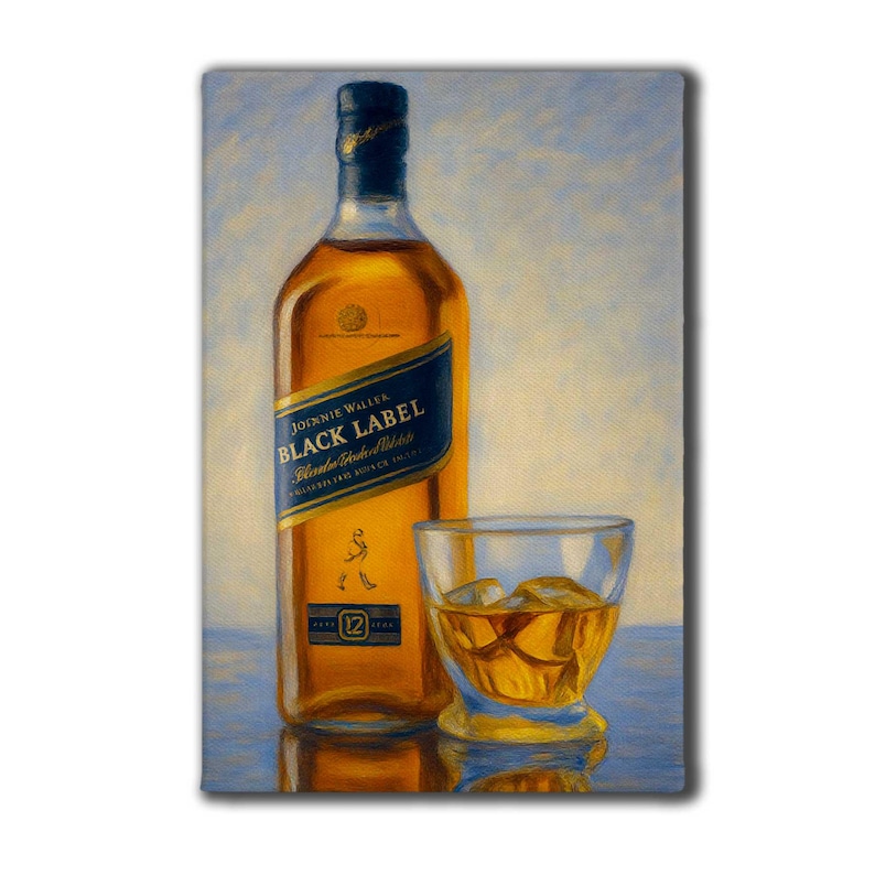 May include: A bottle of Johnnie Walker Black Label whiskey with a glass of whiskey and ice. The bottle is amber-colored with a black label and gold lettering. The glass is filled with amber liquid and ice cubes. The background is a light blue.