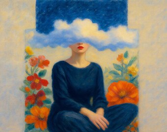 Cloud Head Wall Art Print, Surreal Figure Canvas Decor, Dreamy Floral Portrait, Orange Room Artwork
