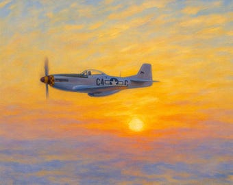 P51 Mustang Sunset Canvas Print, WWII Fighter Plane Wall Art, Aviation Decor, Military Aircraft Painting, Pilot Gift Canvas Art