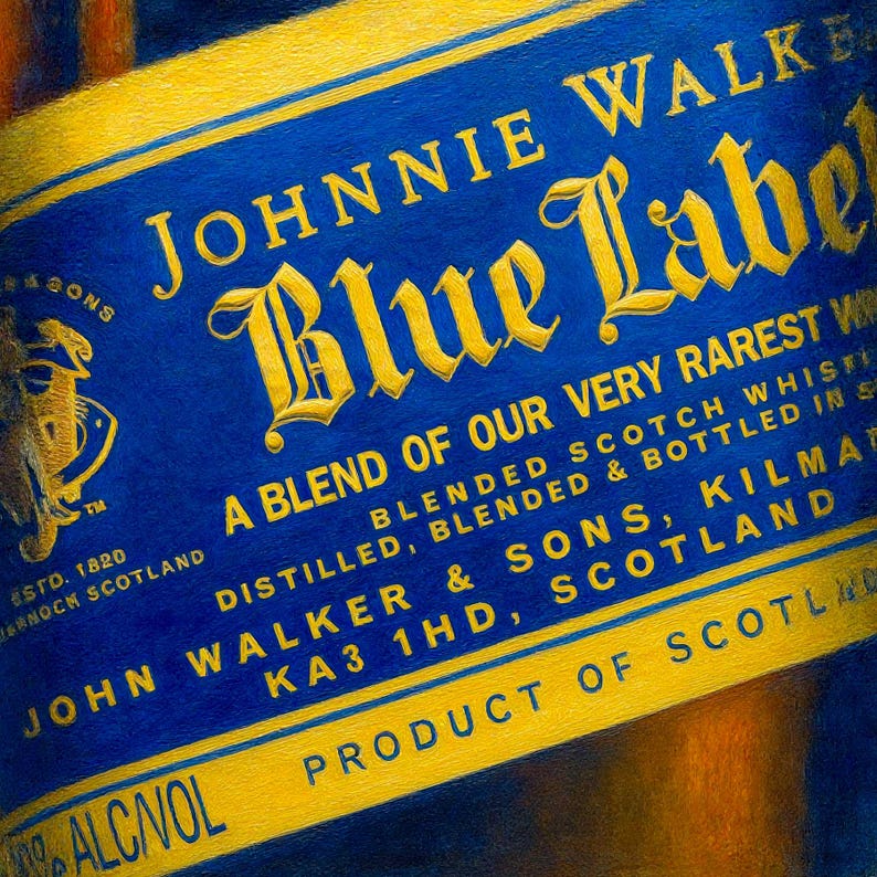 May include: Close-up of a blue and gold label from a bottle of Johnnie Walker Blue Label Scotch Whisky. The label features the brand name, product details, and the phrase "A Blend of Our Very Rarest Whiskies."