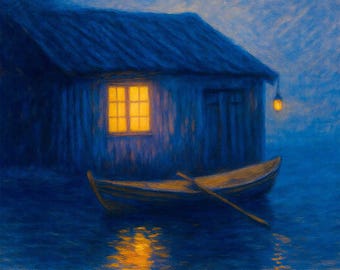 Lake Cabin Canvas Print, Rustic Blue Wall Art, Boat House At Night, Cottage Decor Gift