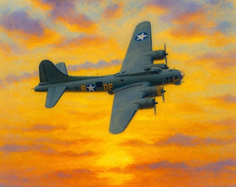 B17 Flying Fortress Sunset Canvas Print, WWII Bomber Wall Art, Aviation Decor, Military Aircraft Painting, Pilot Gift Artwork