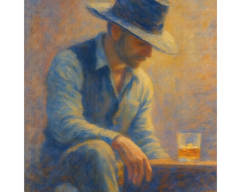Seated Cowboy Canvas Print, Whiskey Bar Wall Art, Moody Western Lounge Decor