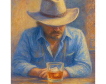 Cowboy At Bar Canvas Print, Whiskey Glass Wall Art, Western Saloon Decor