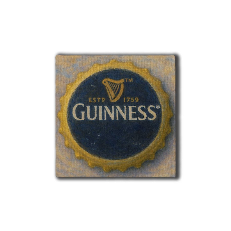 May include: A square painting of a Guinness bottle cap. The cap has a gold-colored, ridged edge and a dark blue center with the Guinness logo, a harp, and the text "ESTD 1759". The background is a light beige.