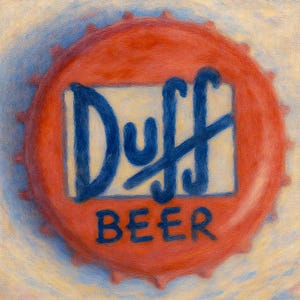 May include: A red bottle cap with the text "Duff BEER" in blue. The cap has a white rectangle in the center with the word "Duff" in a stylized font. The cap has a textured, metallic appearance.