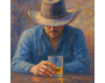 Cowboy Whiskey Glass Canvas Print, Moody Western Bar Wall Art, Home Lounge Decor