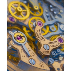 May include: Detailed image of a watch mechanism featuring gold gears, purple jewels, and tan metal parts. The text "SEVENTEEN JEWELS" and "OMEGA WATCH CO" are visible. The watch is marked "SWISS" and "321".