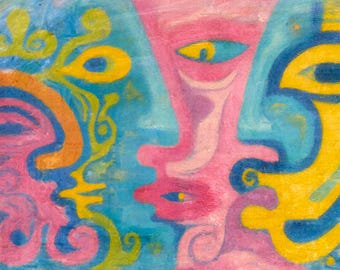 Colorful Psychedelic Face Wall Art Print, Surreal Abstract Canvas Decor, Vibrant Maximalist Poster Artwork