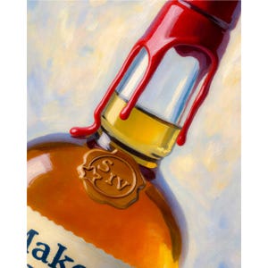 Makers Mark Bourbon Canvas Print, Red Wax Drip Whiskey Art, Close Up Bottle Painting, Bar Decor, Man Cave Wall Art, Gift for Him