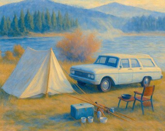 Lake Camping Canvas Print, Rustic Cabin Wall Art, Tent And Vintage Car, Outdoors Decor