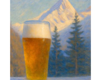 Mountain Beer Canvas Print, Rustic Bar Wall Art, Alpine Pint Glass, Beer Lover Gift