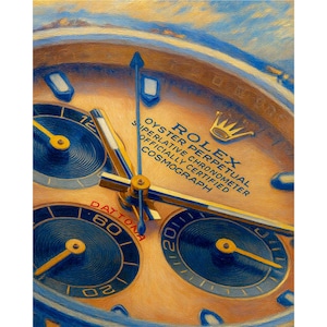 May include: Close-up of a Rolex Daytona watch face. The watch features a light brown dial with blue sub-dials and hands. The text "Rolex Oyster Perpetual Cosmograph" is visible. The watch has a gold crown logo.
