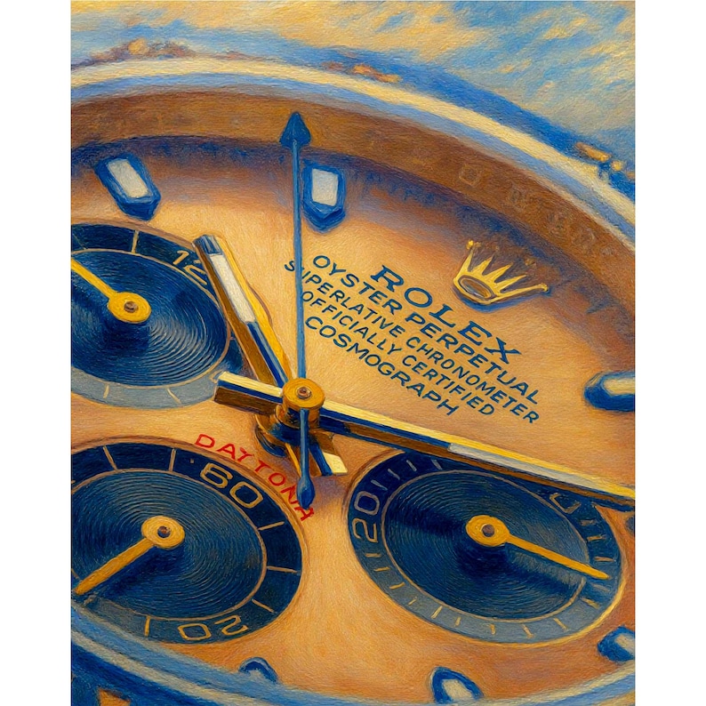May include: Close-up of a Rolex Daytona watch face. The watch features a light brown dial with blue sub-dials and hands. The text "Rolex Oyster Perpetual Cosmograph" is visible. The watch has a gold crown logo.