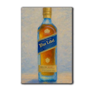 Lienzo impreso de Johnnie Walker Blue Label, arte de pared de lujo con forma de botella de whisky, decoración de whisky escocés, obra de arte para carrito de bar, regalo para la cueva del hombre imagen 2