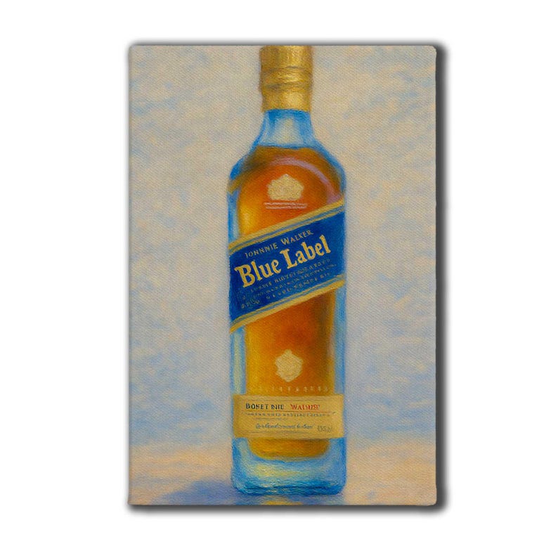 Lienzo impreso de Johnnie Walker Blue Label, arte de pared de lujo con forma de botella de whisky, decoración de whisky escocés, obra de arte para carrito de bar, regalo para la cueva del hombre imagen 2