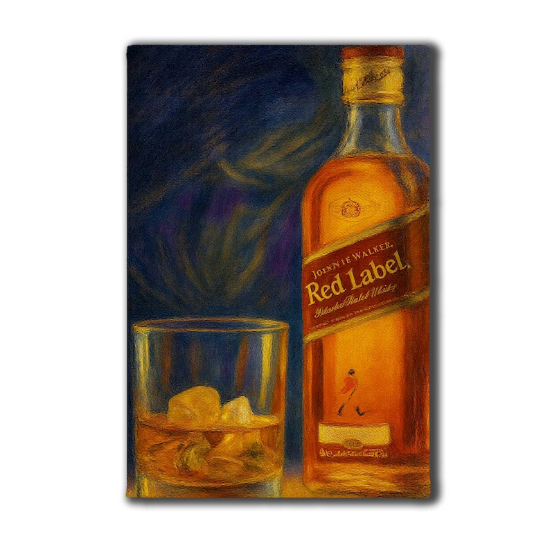 May include: An artistic rendering of a bottle of Johnnie Walker Red Label whiskey and a glass of whiskey with ice. The bottle is amber-colored with a red label. The glass is filled with amber liquid and ice cubes.