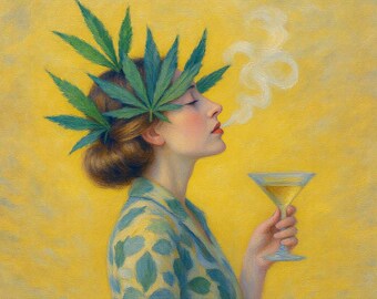 Marijuana Art Martini Wall Art Print, Colorful Cannabis Woman Canvas Decor, Retro Cocktail Lounge Artwork