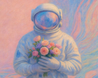 Astronaut Flower Bouquet Wall Art Print, Surreal Space Canvas Decor, Dreamy Floral Poster Style Artwork