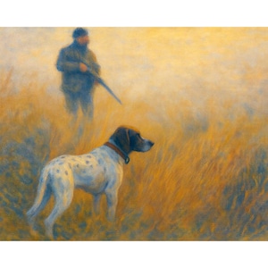 May include: An oil painting depicting a white dog with dark spots and a brown collar standing in tall golden grass. In the background, a blurred figure of a person holds a long firearm, all set against a hazy, warm-toned, atmospheric landscape.