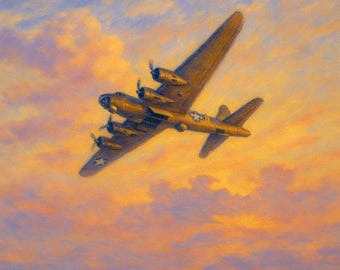 B17 Flying Fortress Canvas Print, WWII Bomber Wall Art, Aviation Decor, Military Aircraft Painting, Warbird Pilot Gift Art