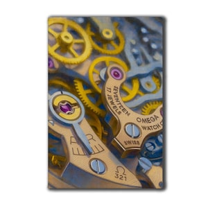 May include: Detailed image of a watch mechanism, showcasing gold-coloured gears and components. The image highlights the intricate details of the watch's inner workings, with the text "OMEGA WATCH SWISS" and "17 JEWELS". The colour scheme includes gold, purple, and blue.