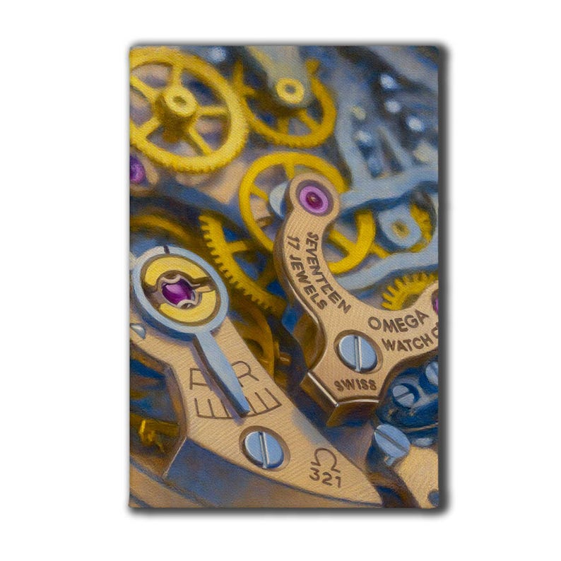 May include: Detailed image of a watch mechanism, showcasing gold-coloured gears and components. The image highlights the intricate details of the watch's inner workings, with the text "OMEGA WATCH SWISS" and "17 JEWELS". The colour scheme includes gold, purple, and blue.