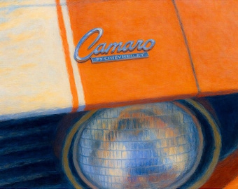 Chevrolet Camaro Emblem Canvas Print, Vintage Muscle Car Wall Art, Classic Camaro Detail Painting, Car Enthusiast Garage Decor
