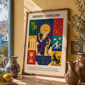 May include: A framed rectangular wall art print titled KRONOS CAPRICORN featuring a central illustration of a bearded figure with a scythe and hourglass, surrounded by colorful panels depicting a mountain, clock, temple, and sea-goat zodiac symbol.