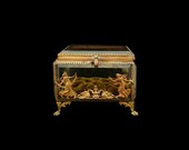 Antique French Gold Ormolu Glass Jewellery Box, Bridal Casket, Venus Love Goddess Nymphs Dancers, Romantic Symbolic Wedding Token of Love