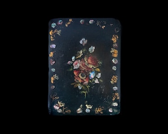 Antique VICTORIAN FLORAL BLOTTER, Hand Painted Posy, Mother of Pearl Shell, Gold Inlay & Black Lacquer Papier Mâché Letter Writing Case
