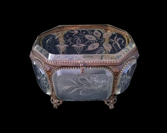 Antique French Glass Ormolu Jewellery Casket, Hand-Engraved Flowers, Romantic Chateau Boudoir Home Decor, Token of Love