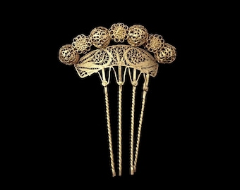 Vintage Gold Gilt Ceremonial Hair Comb, Golden Filigree 'Etruscan' Style Hair Jewellery, Ancient Antiquity Jewellery / Hellenistic Goddess