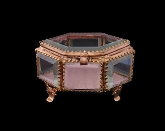 Antique French Glass Casket, Gold Ormolu & Pink Silk Jewellery Box, Wedding, Engagement, Valentine's Keepsake, Home Decor, Token of Love