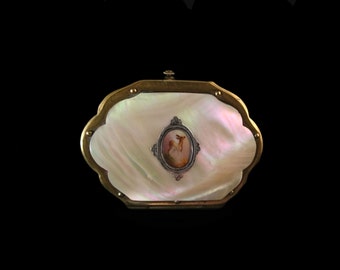 Antique Victorian Mother of Pearl Sea Shell & Scalloped Brass Purse, Porcelain Painting Woodland Deer Arcadian Landscape, Token of Love