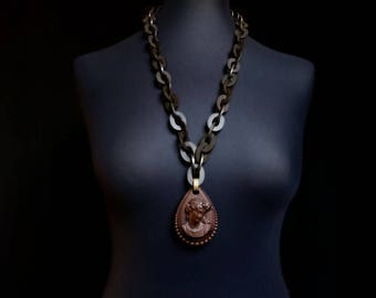 Antique Victorian Vulcanite Mourning Cameo Necklace, Goddess Teardrop Pendant, Large Chunky Chain, Portrait Classical Woman, 1800's England