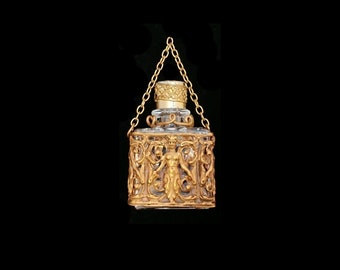 Vintage 'FAUNA' PERFUME BOTTLE, French Gold Filigree Chatelaine, Mythical Pagan Nature Goddess, Woodland Deity, Perfumers' Amulet Jewellery