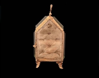 Antique French Glass Jewellery Casket, Ormolu & Ivory Silk Ring Pocket Watch Case, Chateau Boudoir Display Case, Token of Love Keepsake